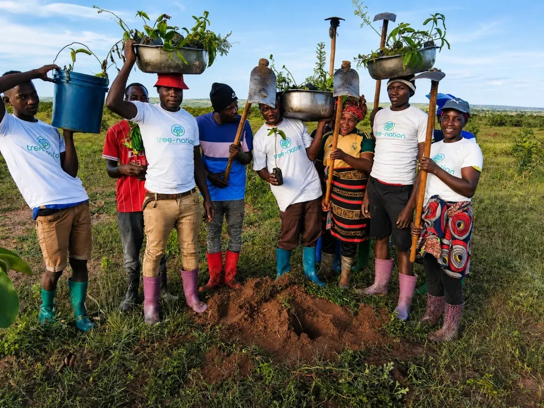 A group of people in tree-nation shirts planting saplings together in a grassy field at a Mission project site